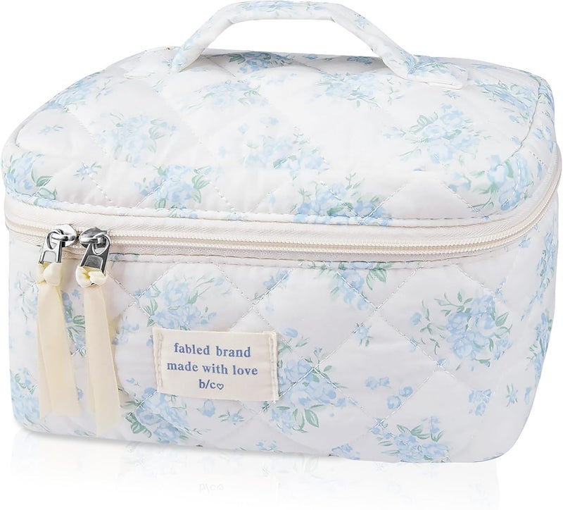 Gosect Large Travel Quilted Makeup Bag for Women,Big Floral Cotton Cosmetic Bag, Cute Coquette Aesthetic Floral Toiletry Organizer Bag (Blue Rose) - Image 1